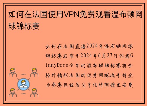 如何在法国使用VPN免费观看温布顿网球锦标赛